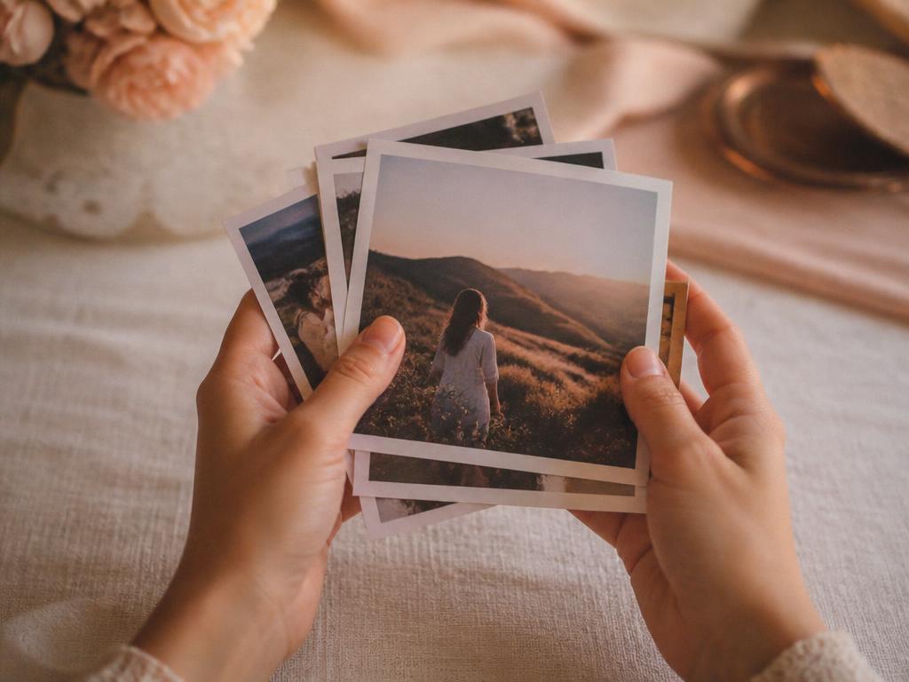 Hands holding a stack of printed photographs